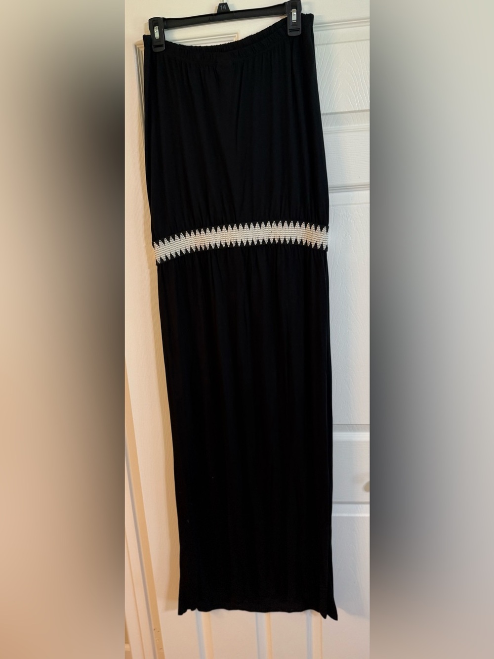 Black Maxi Dress with White Crochet Waist Trim